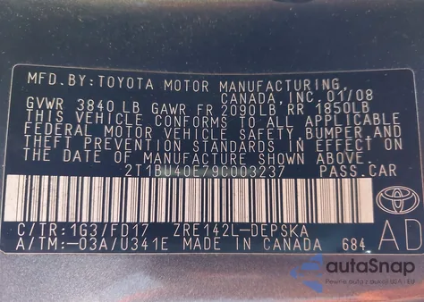 2009 Toyota Corolla S из США, поврежденный, VIN 2T1BU40E79C003237